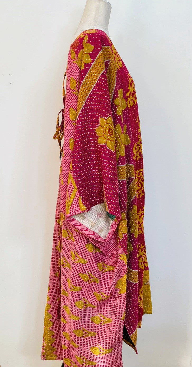 Kantha Dreams, Midi Cotton Dress Goes Everywhere (Red, Pink, Yellow)