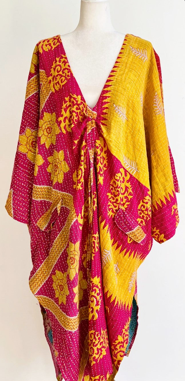 Kantha Dreams, Midi Cotton Dress Goes Everywhere (Red, Pink, Yellow)