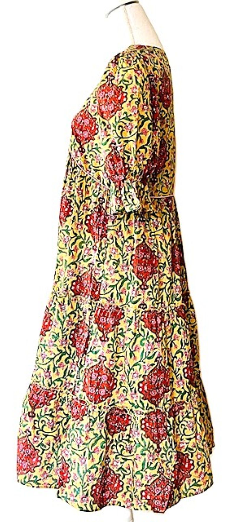 Elegant Block Print Knee Length Dress In A Complex Print.