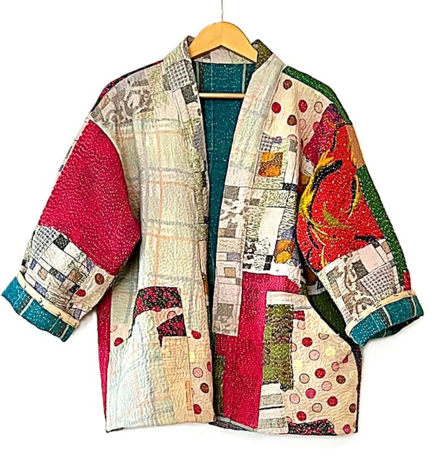 Specialty Collection: Refined, Patchwork Quilted Short Jacket. Fully Reversible (Cream Red)
