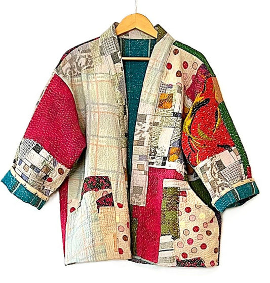 Specialty Collection: Refined, Patchwork Quilted Short Jacket. Fully Reversible (Cream Red)