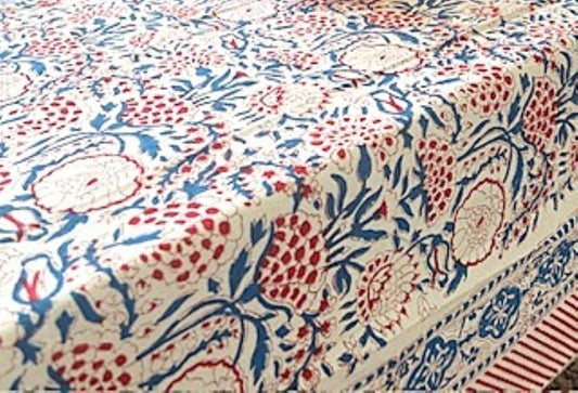 Hand blocked Floral Table Cloth, Blue and Red (60X90)