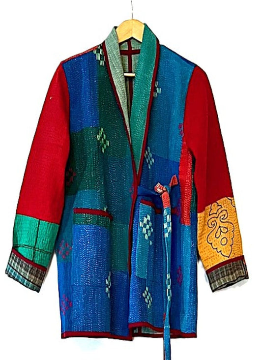 Handmade Vintage Cotton Kantha Jacket Fully Reversible. Colorblock