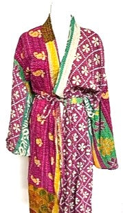 One of a Kind Mixed Print Cotton Artisan  Kimono (Burgundy/yellow)