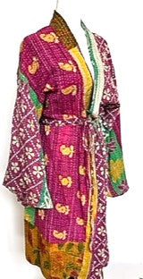 One of a Kind Mixed Print Cotton Artisan  Kimono (Burgundy/yellow)