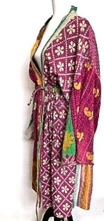 One of a Kind Mixed Print Cotton Artisan  Kimono (Burgundy/yellow)