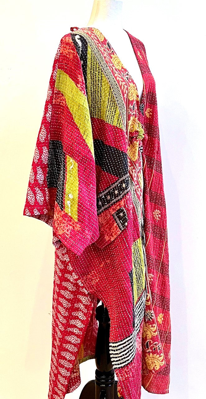 Kantha Dreams, Midi Cotton Dress Goes Everywhere (Pink and Yellow)