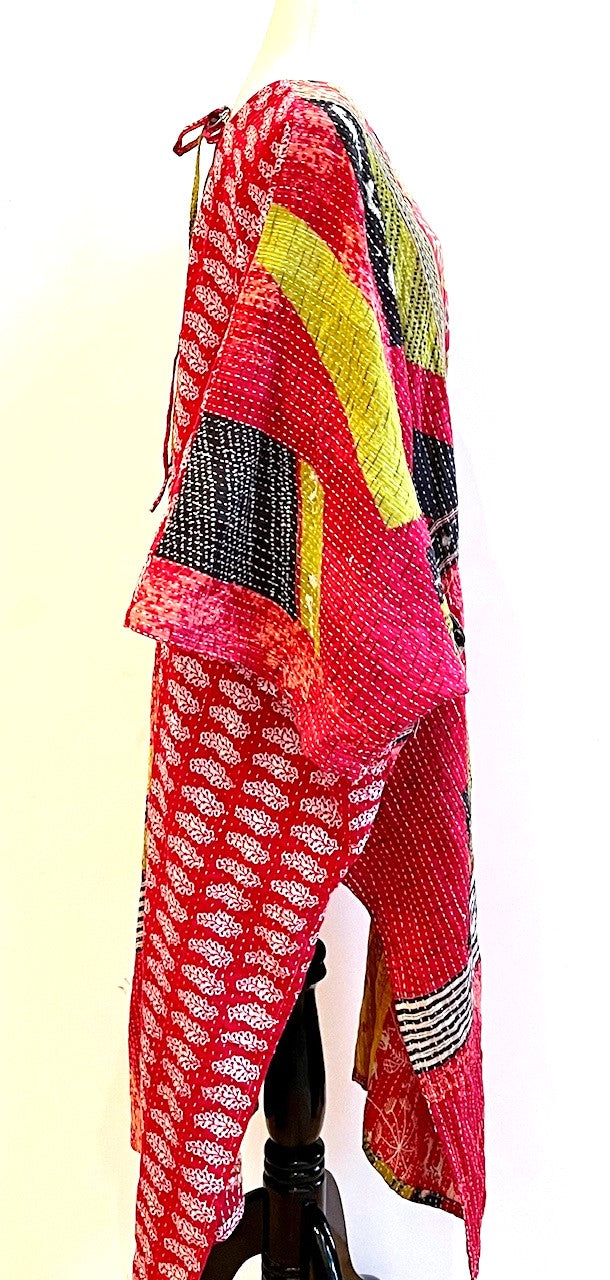 Kantha Dreams, Midi Cotton Dress Goes Everywhere (Pink and Yellow)