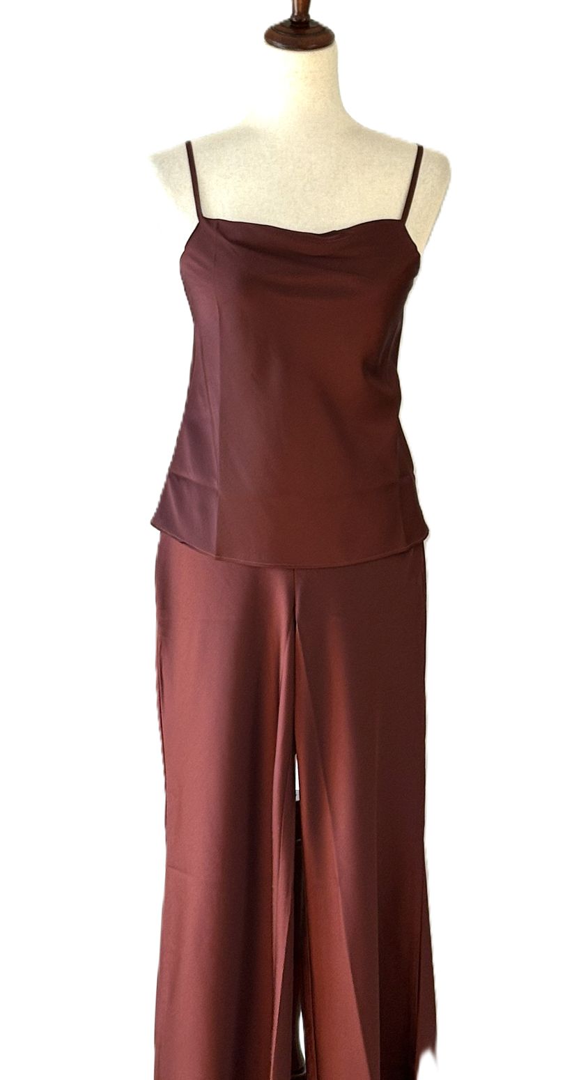 Pant Set, 2 Piece Satin Square Neck Cami With Matching Straight Leg Pants (Raisin)