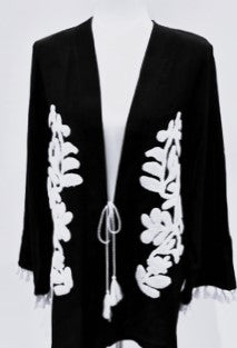 Sleek Slim Embroidered Fringe Kimono (Black)