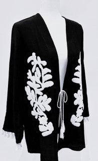 Sleek Slim Embroidered Fringe Kimono (Black)