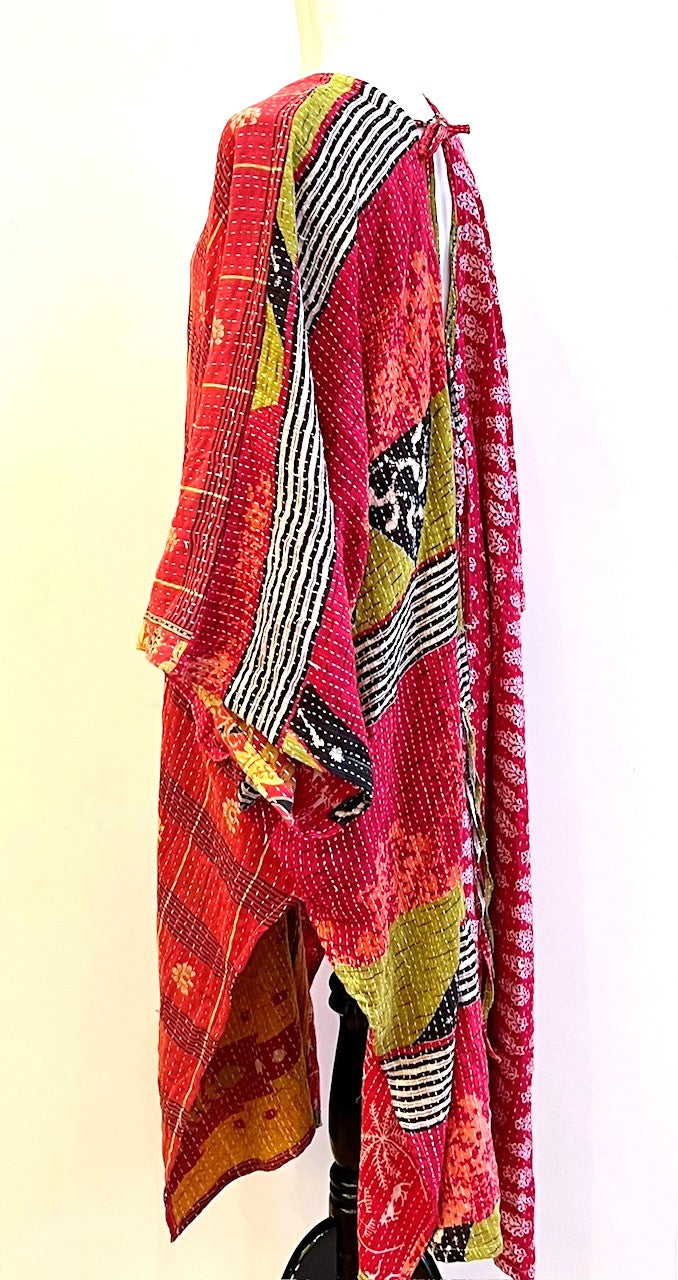 Kantha Dreams, Midi Cotton Dress Goes Everywhere (Pink and Yellow)