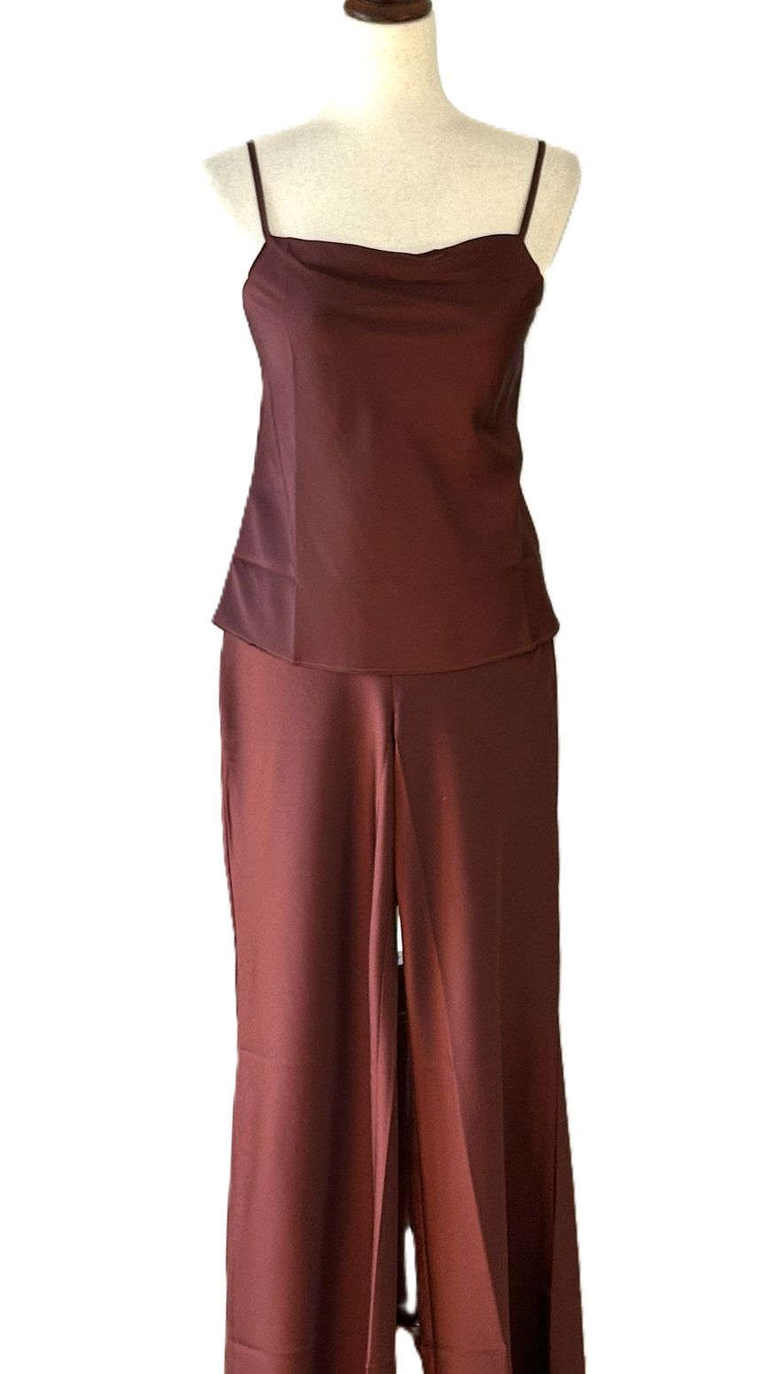Pant Set, 2 Piece Satin Square Neck Cami With Matching Straight Leg Pants (Raisin)