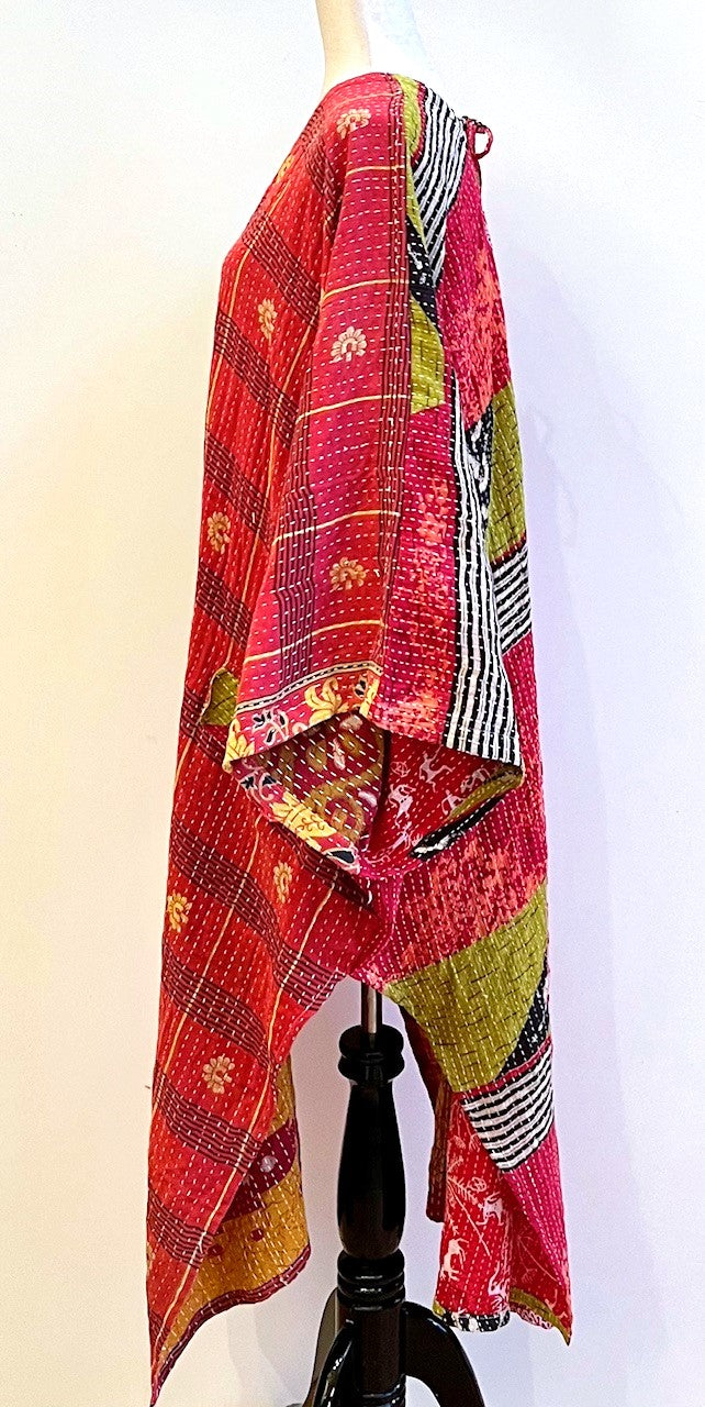 Kantha Dreams, Midi Cotton Dress Goes Everywhere (Pink and Yellow)