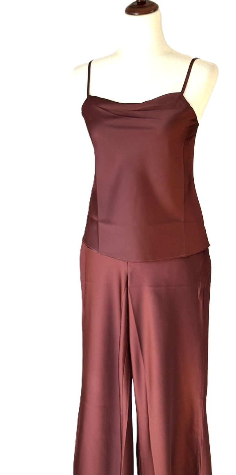 Pant Set, 2 Piece Satin Square Neck Cami With Matching Straight Leg Pants (Raisin)