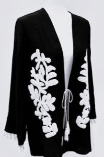 Sleek Slim Embroidered Fringe Kimono (Black)