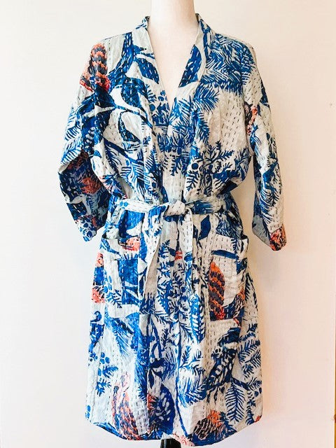 Short Kimono Cotton Robe Is Fresh And Comfortable (Blue)