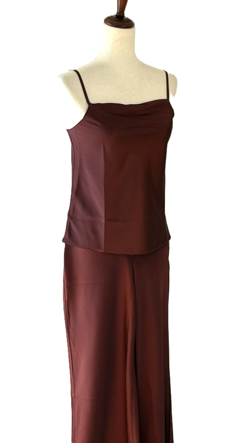Pant Set, 2 Piece Satin Square Neck Cami With Matching Straight Leg Pants (Raisin)