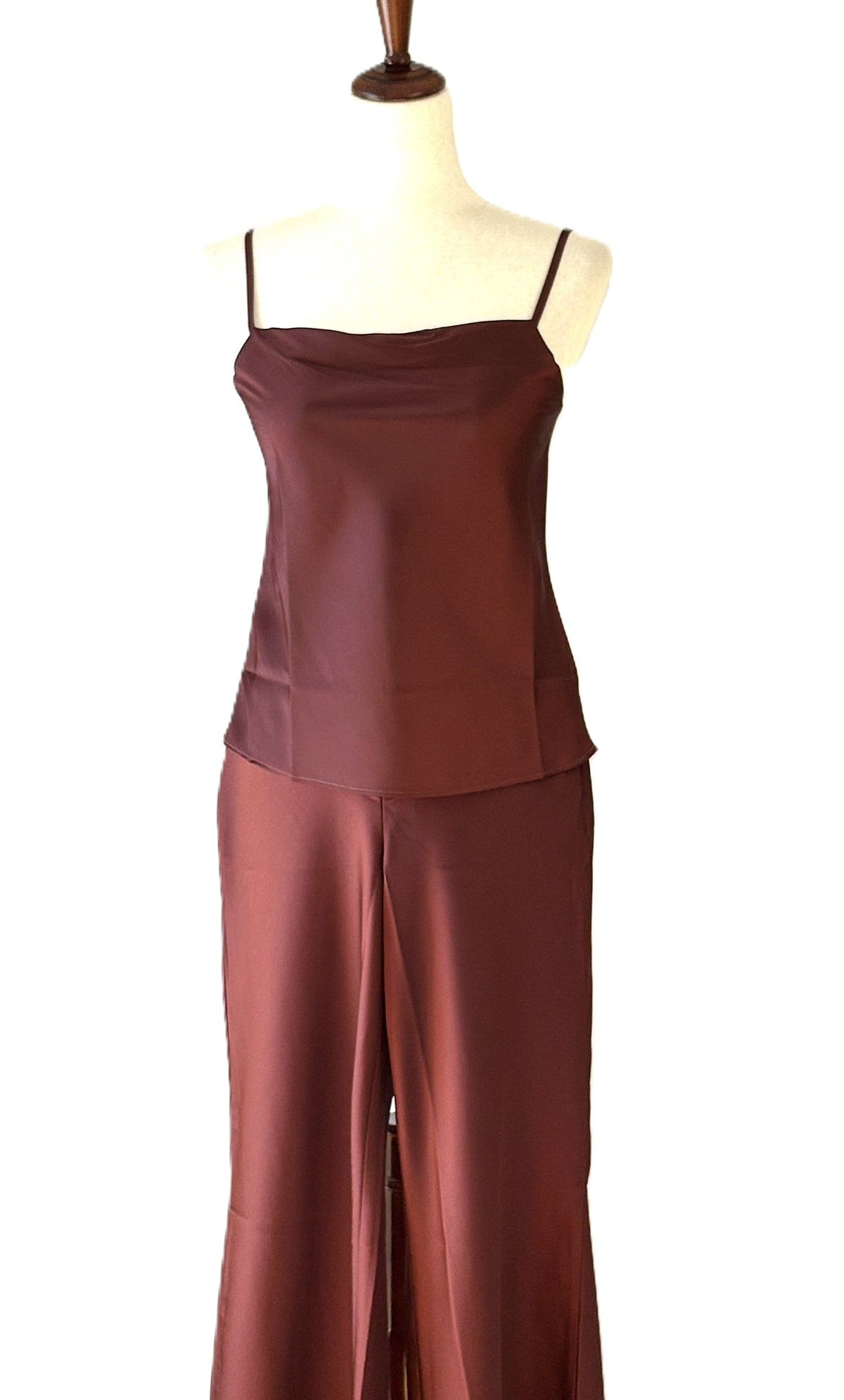 Pant Set, 2 Piece Satin Square Neck Cami With Matching Straight Leg Pants (Raisin)