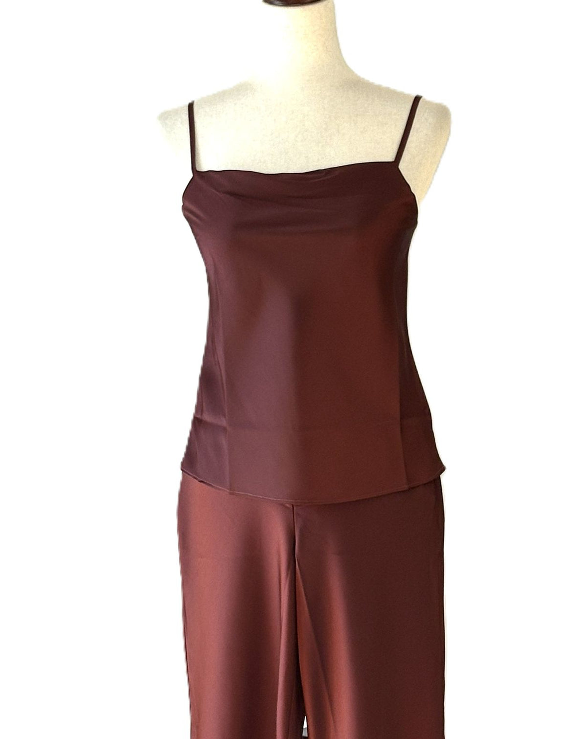Pant Set, 2 Piece Satin Square Neck Cami With Matching Straight Leg Pants (Raisin)