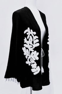 Sleek Slim Embroidered Fringe Kimono (Black)