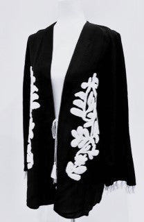 Sleek Slim Embroidered Fringe Kimono (Black)