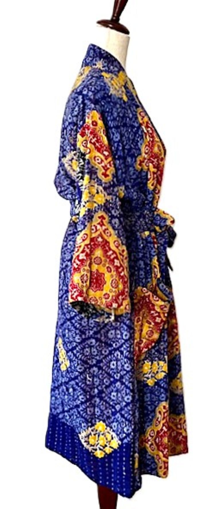 Lightweight Kantha Embroidery Mixed Print Kimono. Complex Print (Royal Blue )