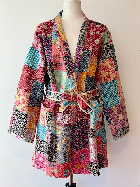 Mid Length Designer Kimono Jacket Is New and Unusual. Patchwork In Beautiful Fall Colors