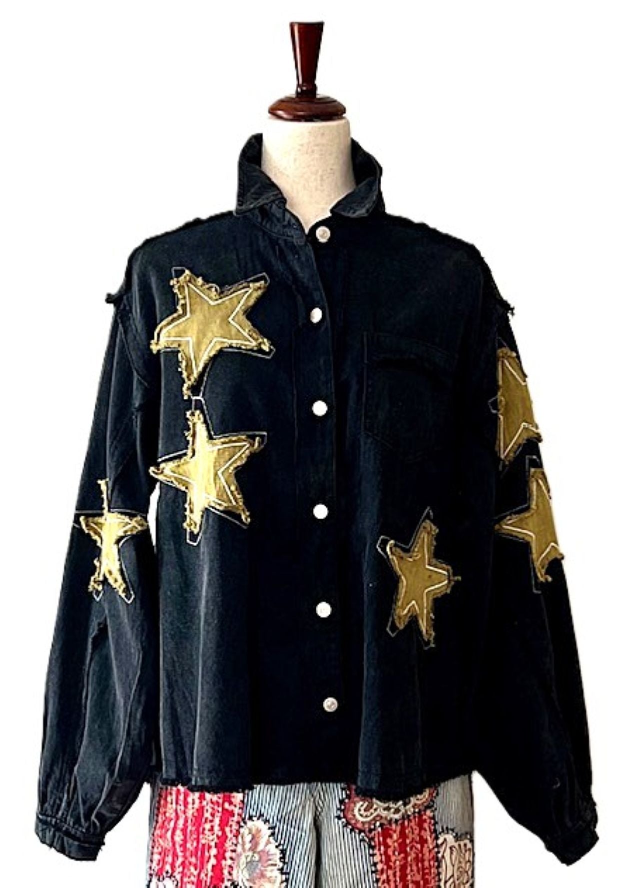 Slimmed Down Long Sleeve Black Denim With Stars Shacket