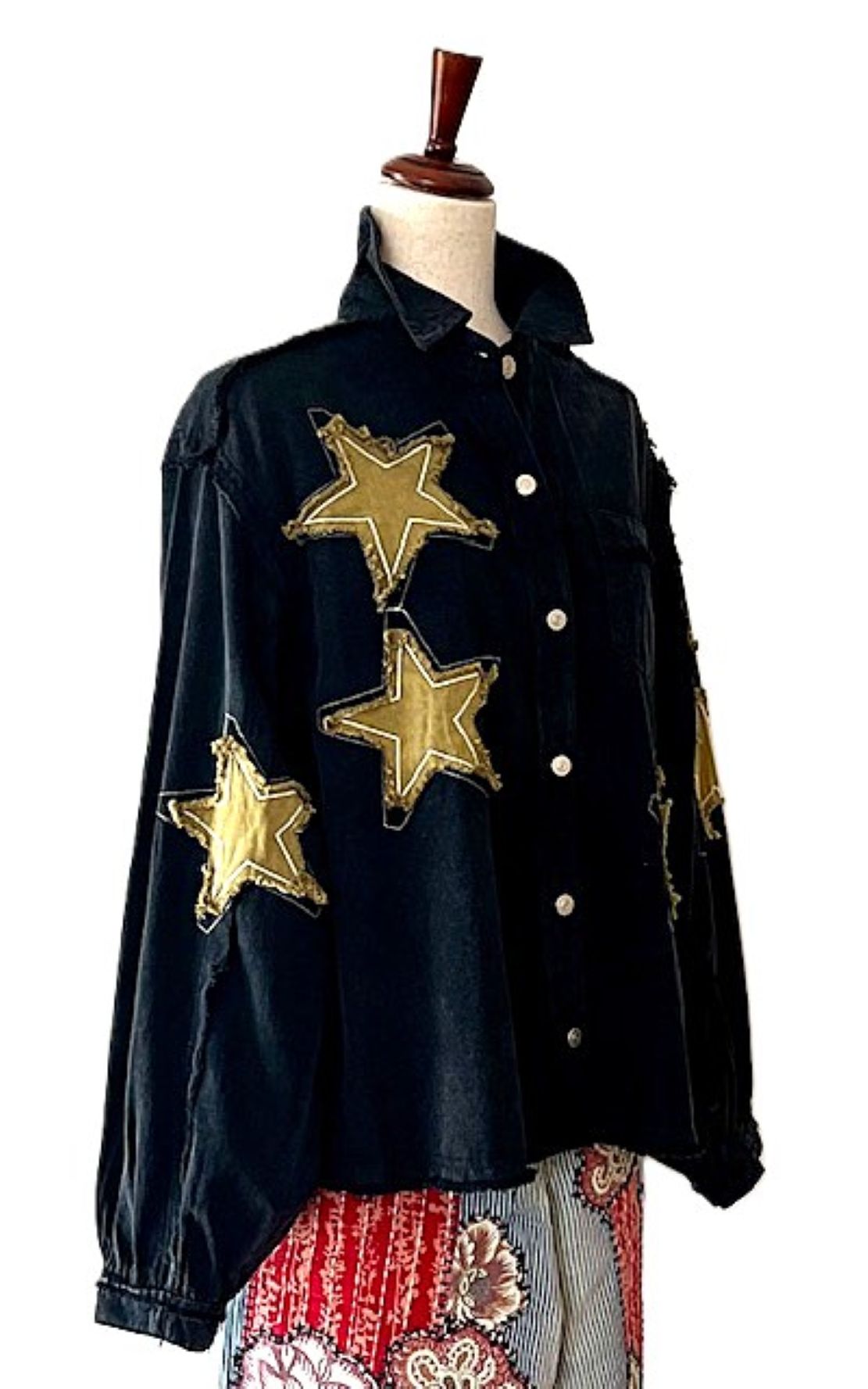 Slimmed Down Long Sleeve Black Denim With Stars Shacket