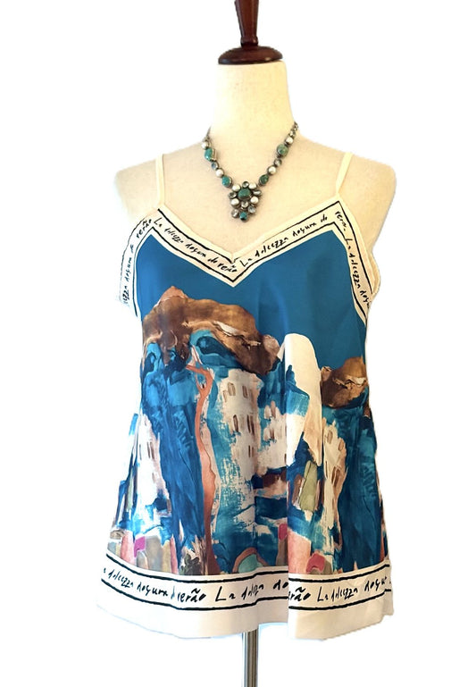Tops,  Silky Scarf Mediterranean Print  Camisole (Royal)