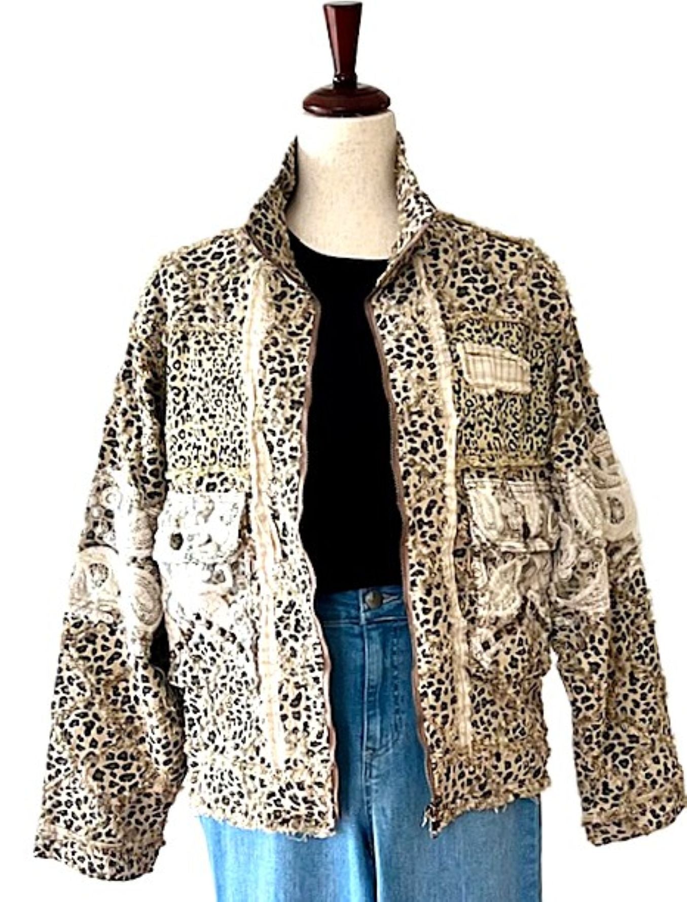 Jacket: Long Sleeve Textured Woven Lace Patchwork Top (Leopard)