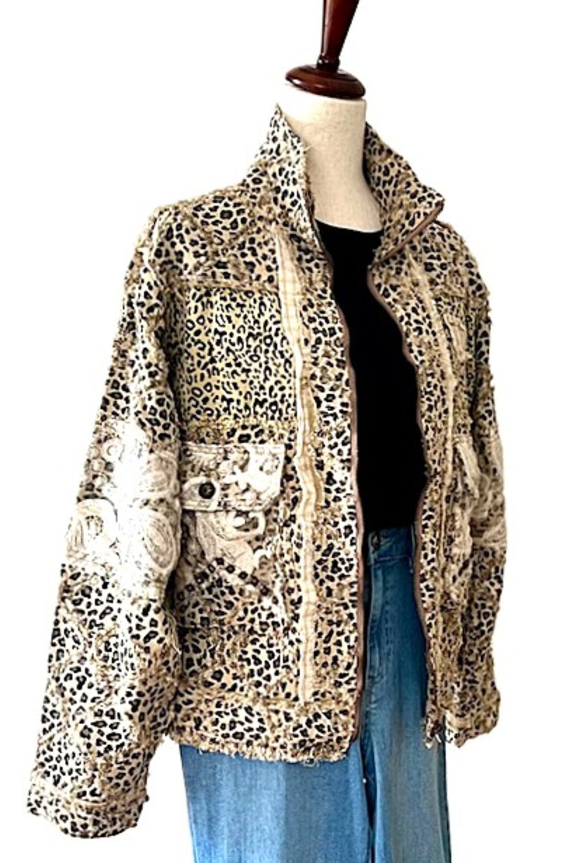 Jacket: Long Sleeve Textured Woven Lace Patchwork Top (Leopard)