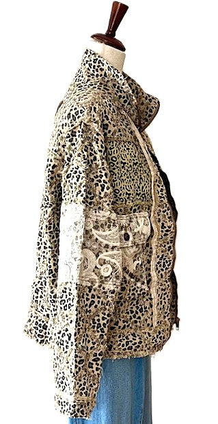 Jacket: Long Sleeve Textured Woven Lace Patchwork Top (Leopard)