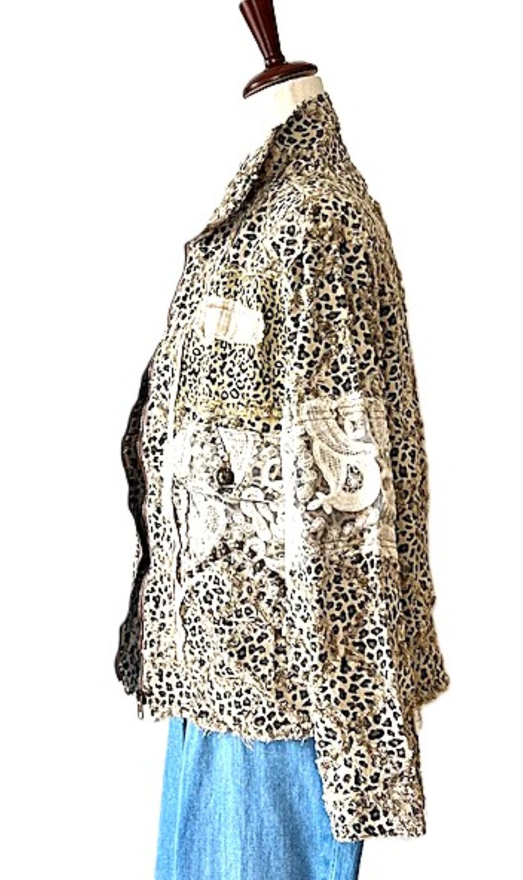 Jacket: Long Sleeve Textured Woven Lace Patchwork Top (Leopard)