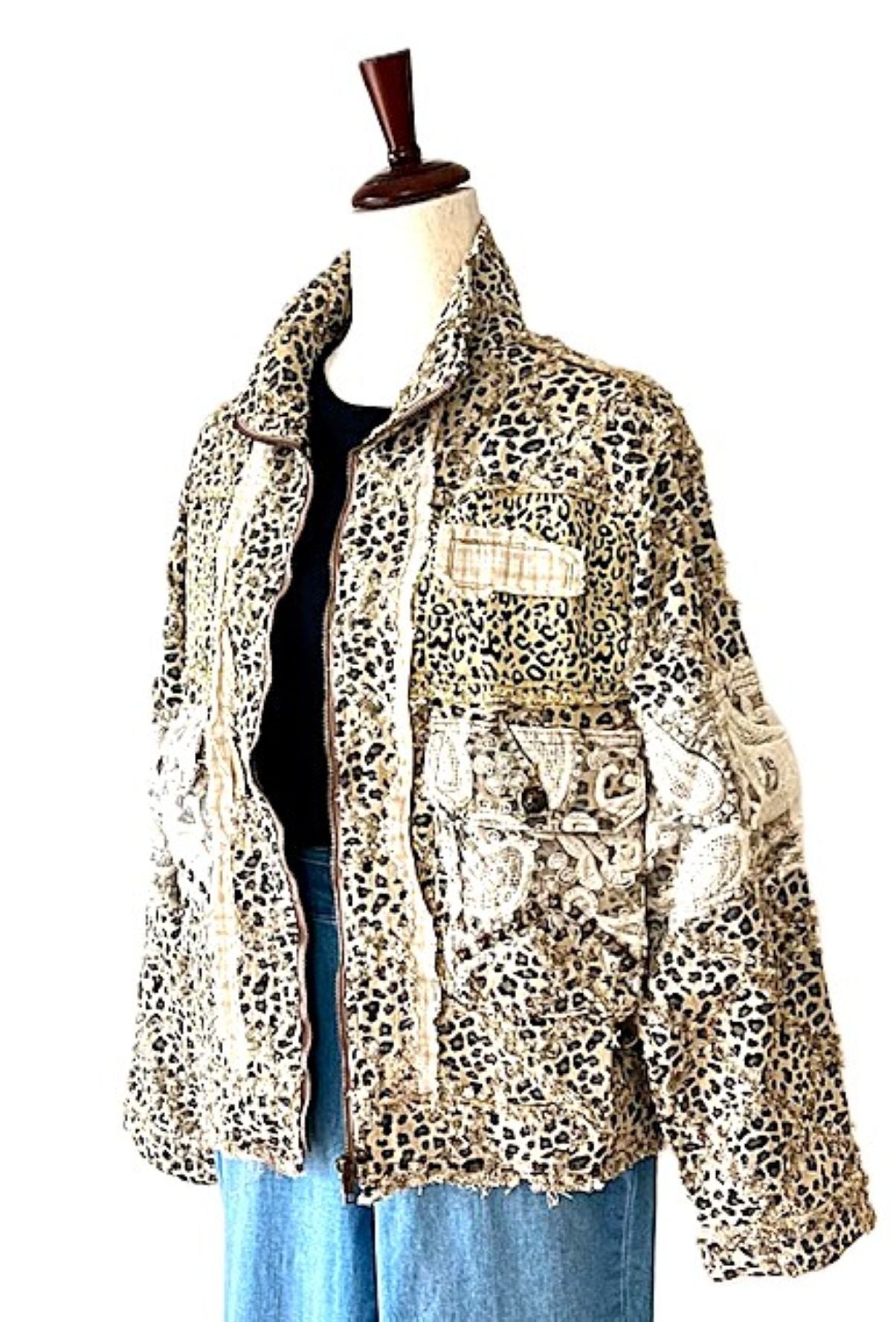 Jacket: Long Sleeve Textured Woven Lace Patchwork Top (Leopard)