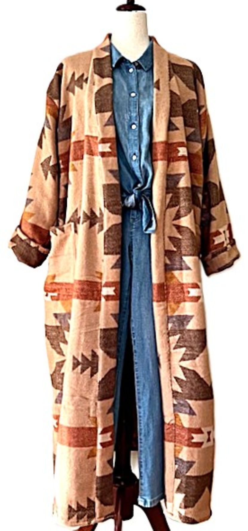 Specialty Collection: Unisex Yak Wool Blend Kimono Robe. Southwestern Ikat Print