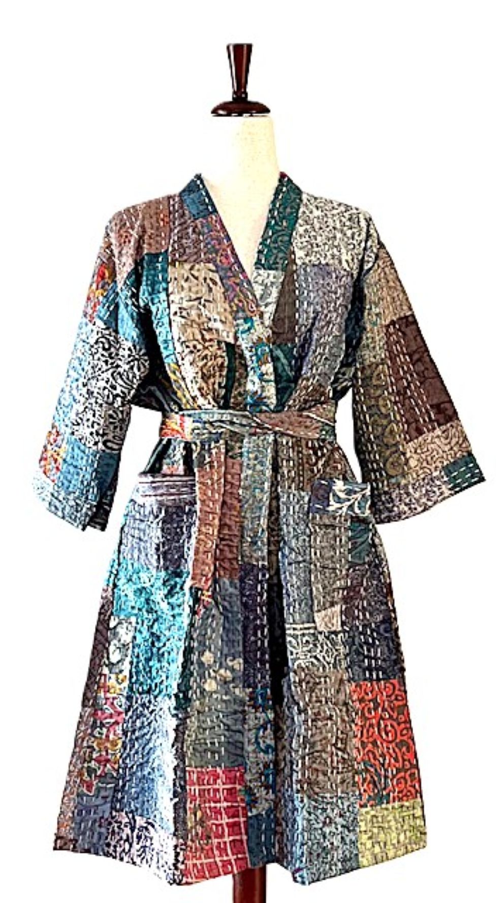 Spectacular Short Designer Patchwork Silk Kimono. 2 Knock Out Colors. (Purple or Blue)