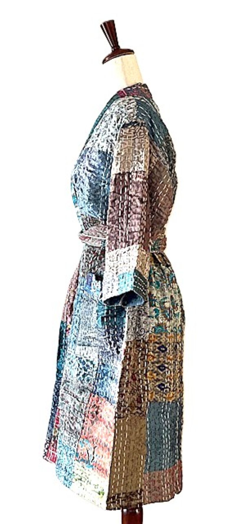 Spectacular Short Designer Patchwork Silk Kimono. 2 Knock Out Colors. (Purple or Blue)