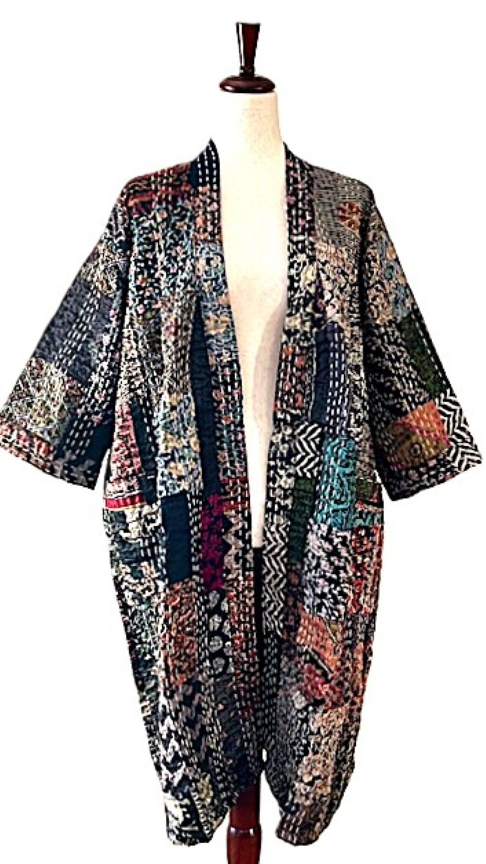 Spectacular Short Designer Patchwork Silk Kimono.  Knock Out Color Blend. (Charcoal)