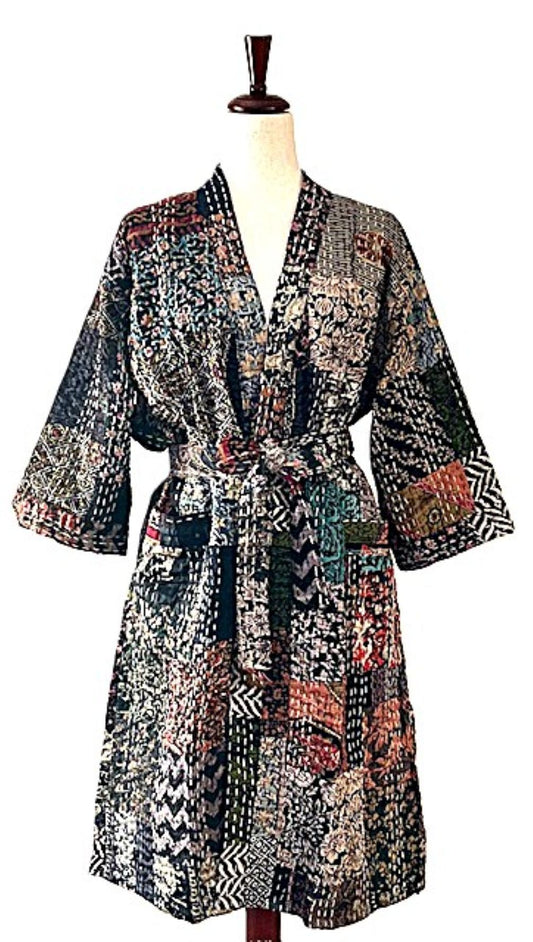 Spectacular Short Designer Patchwork Silk Kimono.  Knock Out Color Blend. (Charcoal)