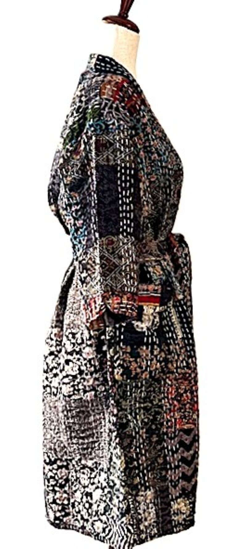 Spectacular Short Designer Patchwork Silk Kimono.  Knock Out Color Blend. (Charcoal)