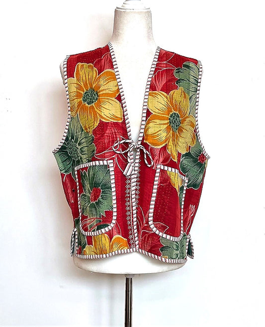 Kantha Vests With Striped Piping and Ties (3 Prints to choose from)