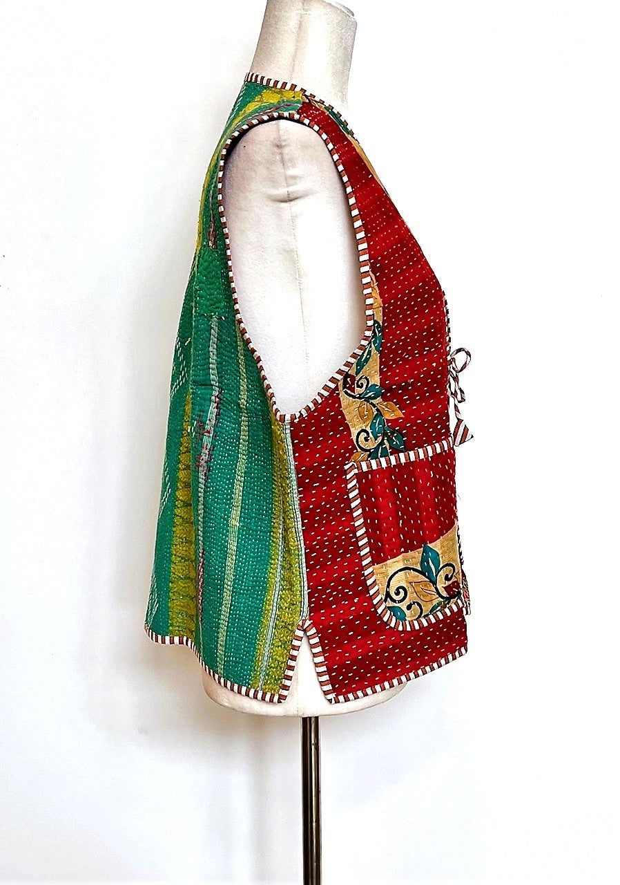 Kantha Vests With Striped Piping and Ties (3 Prints to choose from)