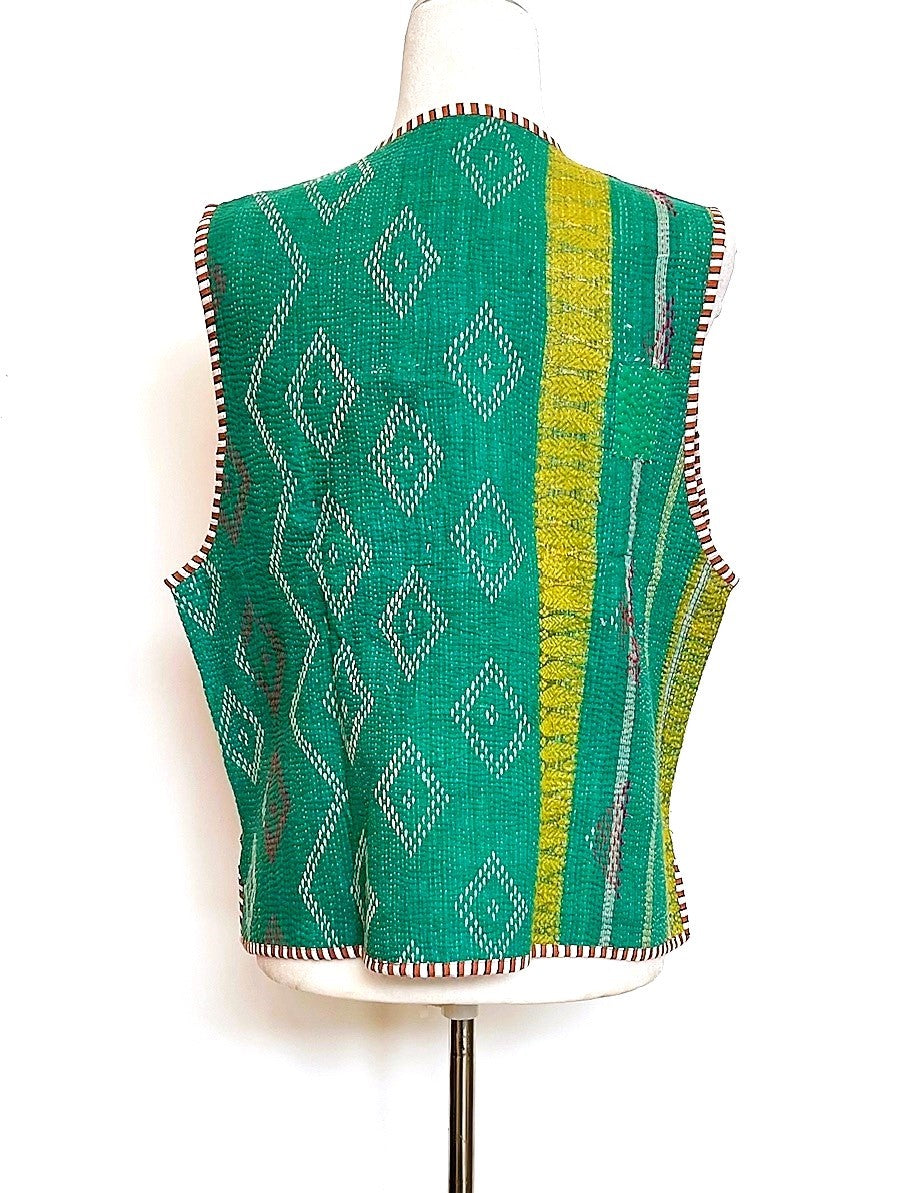 Kantha Vests With Striped Piping and Ties (3 Prints to choose from)