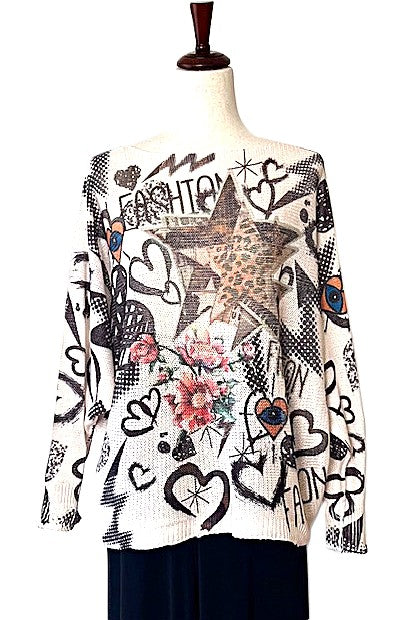 Italian Knit Beige Fashion Round Neck Knit Printed Sweater