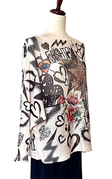 Italian Knit Beige Fashion Round Neck Knit Printed Sweater