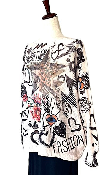 Italian Knit Beige Fashion Round Neck Knit Printed Sweater