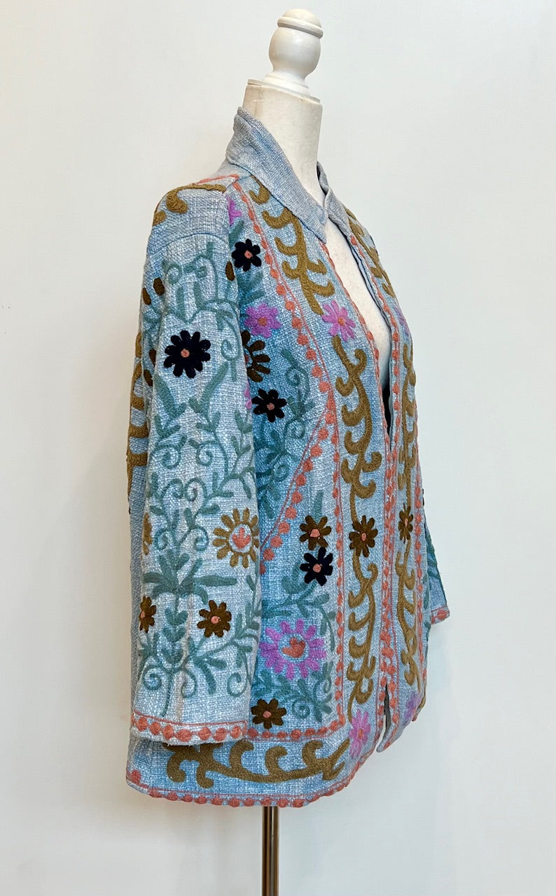 Short Box Cut Suzani Hand Embroidered Jacket Welcomes Spring (Blue)