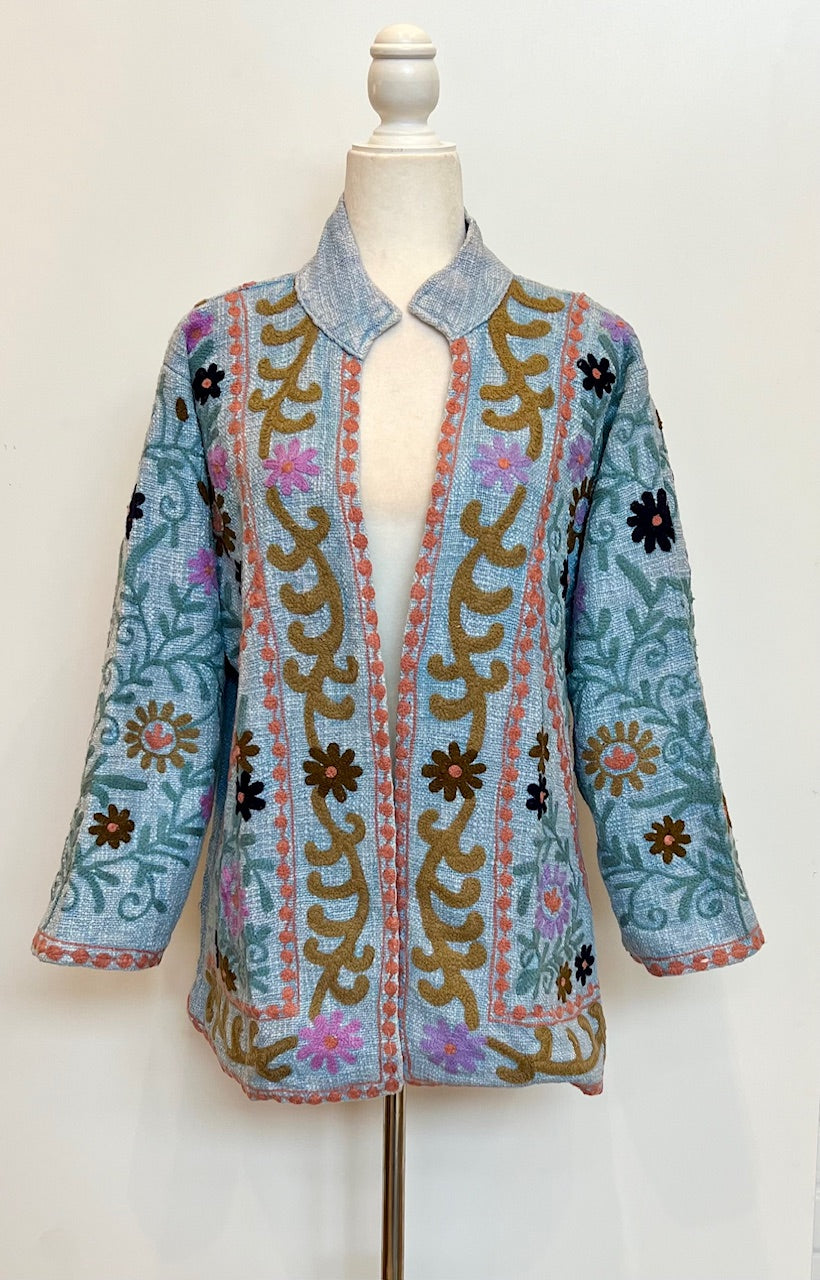 Short Box Cut Suzani Hand Embroidered Jacket Welcomes Spring (Blue)